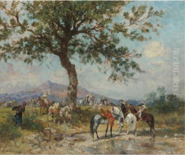 Warriors At Rest Oil Painting by Georges Washington