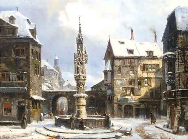 Winter a gothic fountain in a German town Oil Painting by Pierre-Henri-Theodore Tetar van Elven