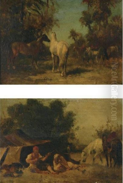 Zouave Encampment And Horses In A Landscape: A Pair Oil Painting by Georges Washington