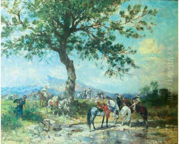 Chevaux Et Cavaliers A La Riviere Oil Painting by Georges Washington