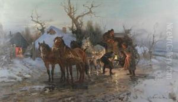 Naprawa Kola Oil Painting by Ignacy (Czeslaw Wasilewski) Zygmuntowicz