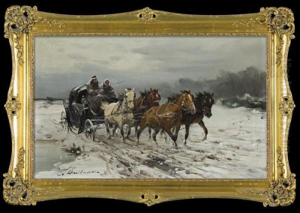 Riding Through Thawing Snow Oil Painting by Ignacy (Czeslaw Wasilewski) Zygmuntowicz