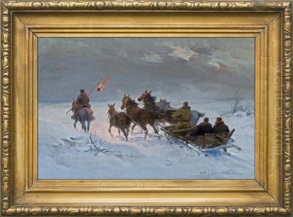 Winter Night Journey Oil Painting by Ignacy (Czeslaw Wasilewski) Zygmuntowicz