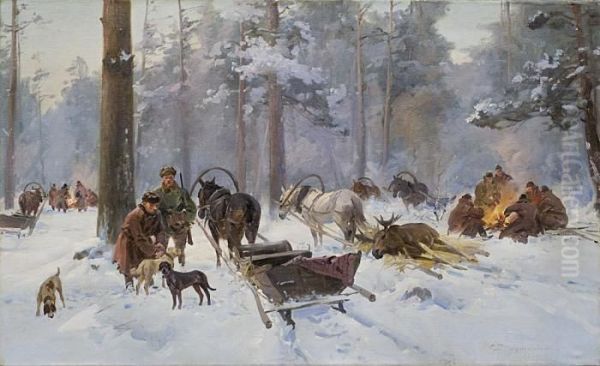 After The Elk Hunt Oil Painting by Ignacy (Czeslaw Wasilewski) Zygmuntowicz