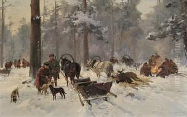 Moose Hunters' Camp In Winter Oil Painting by Ignacy (Czeslaw Wasilewski) Zygmuntowicz