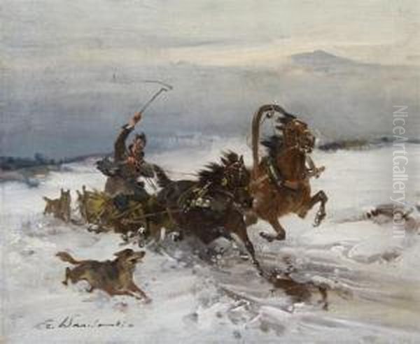 Racing Against The Wolves Oil Painting by Ignacy (Czeslaw Wasilewski) Zygmuntowicz