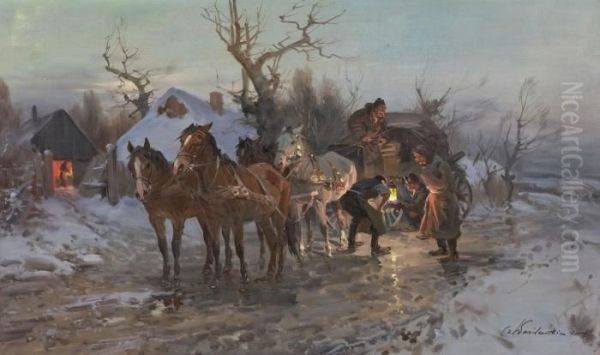 Nachtlicher Halt Bei Derschmiede Oil Painting by Ignacy (Czeslaw Wasilewski) Zygmuntowicz