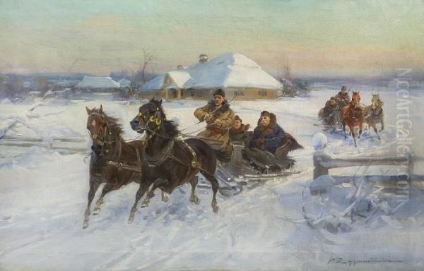 Sleight Ride Oil Painting by Ignacy (Czeslaw Wasilewski) Zygmuntowicz