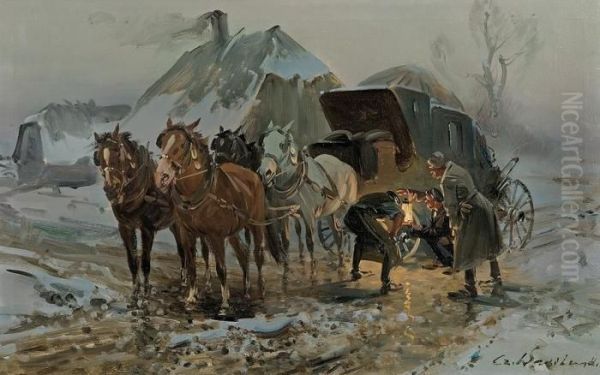 Wheel Repair Oil Painting by Ignacy (Czeslaw Wasilewski) Zygmuntowicz