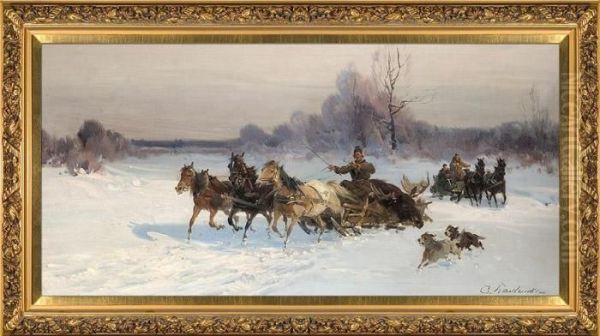 Snowy Joyride Oil Painting by Ignacy (Czeslaw Wasilewski) Zygmuntowicz