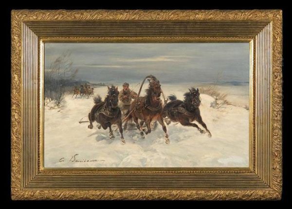 Sledge Ride Oil Painting by Ignacy (Czeslaw Wasilewski) Zygmuntowicz