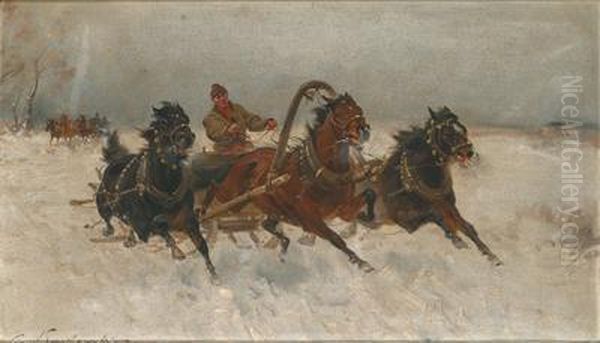 Wild Sleigh Ride Oil Painting by Ignacy (Czeslaw Wasilewski) Zygmuntowicz