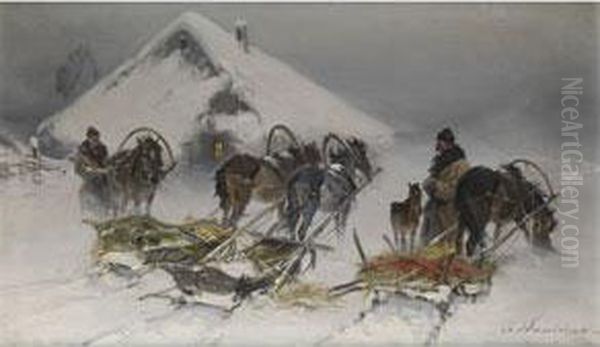 Pferdeschlitten Im Winter Oil Painting by Ignacy (Czeslaw Wasilewski) Zygmuntowicz