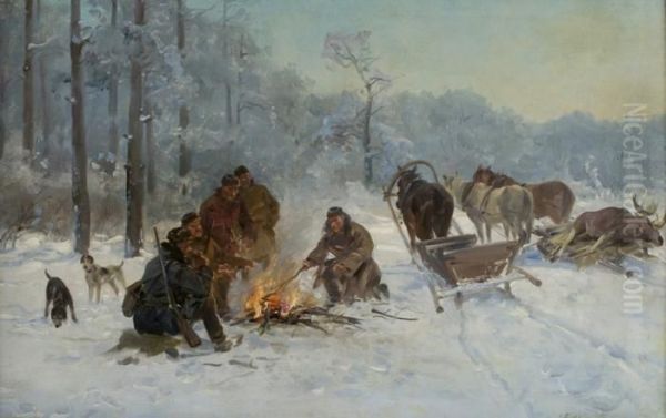 Mysliwi Przy Ognisku Oil Painting by Ignacy (Czeslaw Wasilewski) Zygmuntowicz