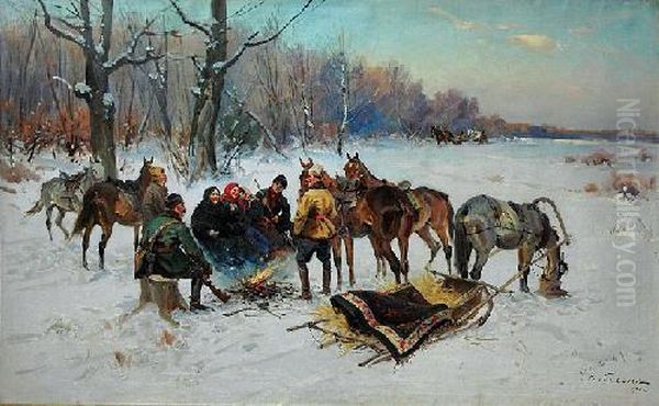 Przy Ognisku Oil Painting by Ignacy (Czeslaw Wasilewski) Zygmuntowicz