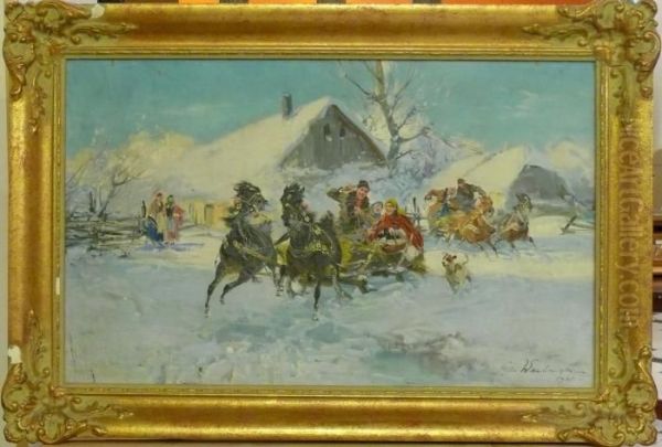 Ridande Hastekipage I Vinterlandskap. Oil Painting by Ignacy (Czeslaw Wasilewski) Zygmuntowicz