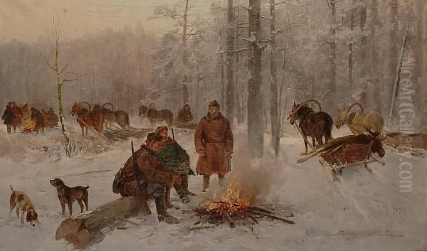 Huntsmen In A Winter Woodland Landscape Gathered Around A Fire. Oil Painting by Ignacy (Czeslaw Wasilewski) Zygmuntowicz