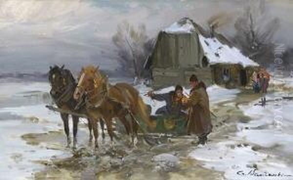 Pferdeschlitten Vor Einem Bauernhaus In Winterlandschaft. Oil Painting by Ignacy (Czeslaw Wasilewski) Zygmuntowicz