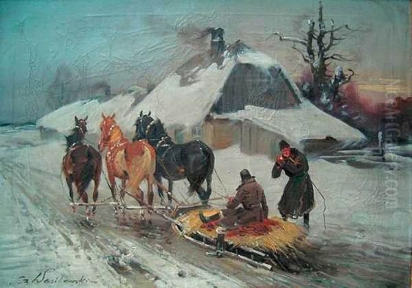 Postoj Przed Chata Oil Painting by Ignacy (Czeslaw Wasilewski) Zygmuntowicz