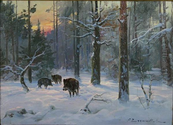 Pejzaz Zimowy Z Dzikami Oil Painting by Ignacy (Czeslaw Wasilewski) Zygmuntowicz