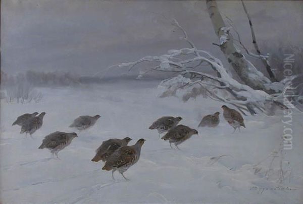 Kuropatwy Na Sniegu Oil Painting by Ignacy (Czeslaw Wasilewski) Zygmuntowicz