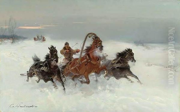 Trojki Pedzace W Zimowym Pejzazu Oil Painting by Ignacy (Czeslaw Wasilewski) Zygmuntowicz