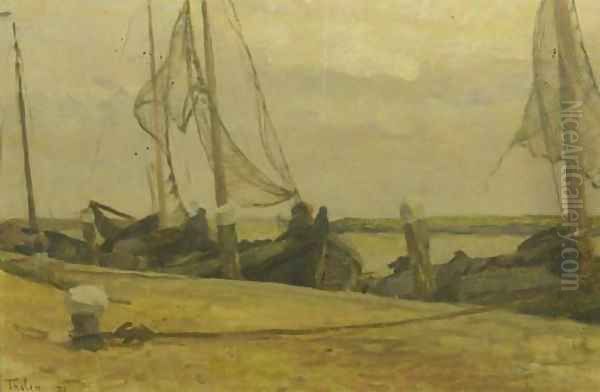 Moored fishingboats along a quay Oil Painting by Willem Bastiaan Tholen