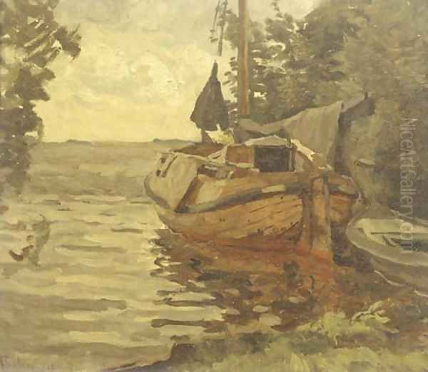 A moored barge Oil Painting by Willem Bastiaan Tholen