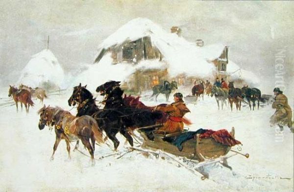 Wyjazd Na Polowanie Oil Painting by Ignacy (Czeslaw Wasilewski) Zygmuntowicz