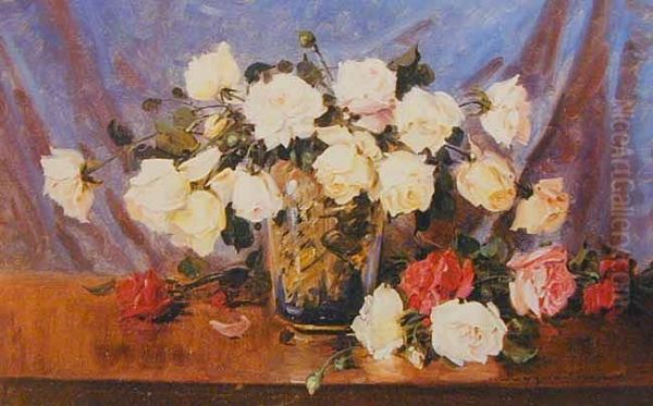 Roze W Porcelanowym Wazonie, Ok. 1930 Oil Painting by Ignacy (Czeslaw Wasilewski) Zygmuntowicz