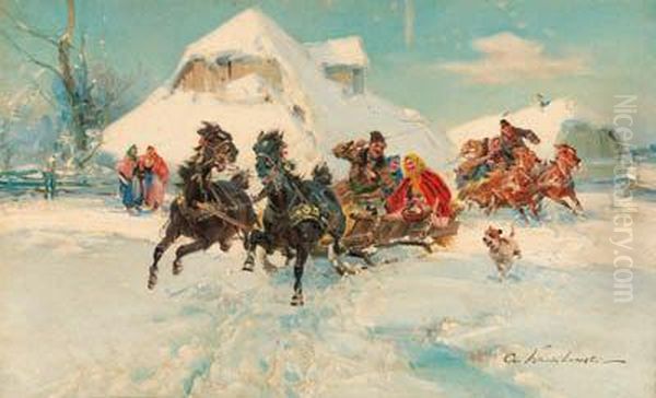 The Sleigh Ride Oil Painting by Ignacy (Czeslaw Wasilewski) Zygmuntowicz