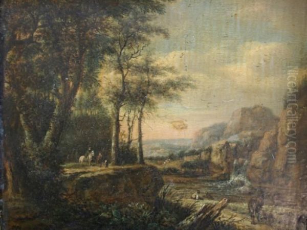 Figures And Animals In A Wooded River Landscape Oil Painting by Anthonie Waterloo