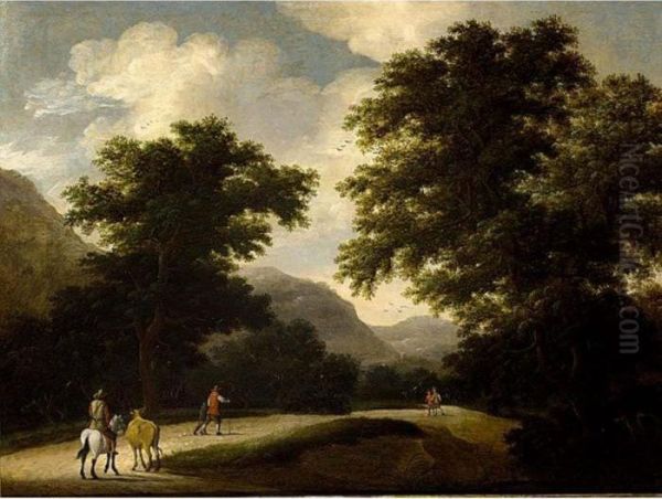 A Mountainous Wooded Landscape With Travellers On A Path Oil Painting by Anthonie Waterloo