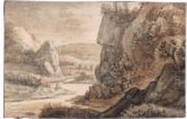 Sketchbook Page With A Mountainous River Landscape And Figures In The Bend Of The River Oil Painting by Anthonie Waterloo