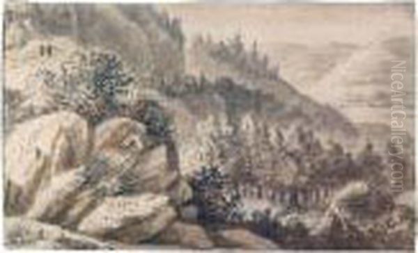 Sketchbook Page With A Mountainous Landscape And Figures High On The Left Oil Painting by Anthonie Waterloo