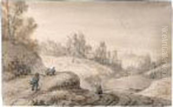 Sketchbook Page With Travellers Approaching A Farm Oil Painting by Anthonie Waterloo