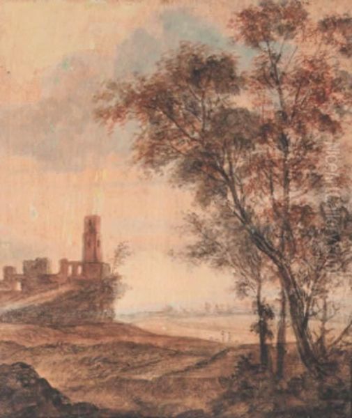 A Hilly Landscape With A Ruin On A Hill, Trees In Theforeground Oil Painting by Anthonie Waterloo