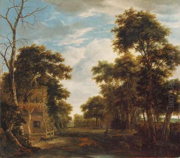 A Wooded Landscape With A Dog Barking At A Swineherd And Pig On Apath Oil Painting by Anthonie Waterloo