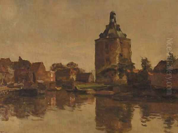 A view of Enkhuizen with the Drommedaris towering Oil Painting by Willem Bastiaan Tholen