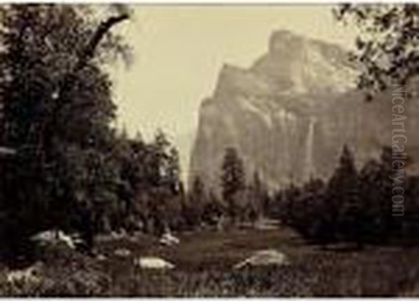 Bridal Veil, From The Black Spring Yosemite Oil Painting by Carleton E. Watkins