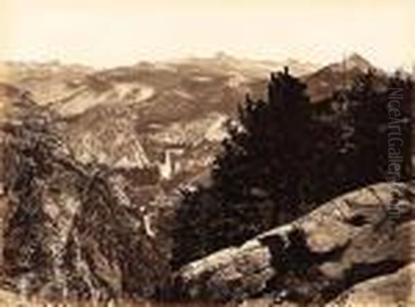 The Vernal And Nevada Falls, From Glacier Point (1865-66) Oil Painting by Carleton E. Watkins