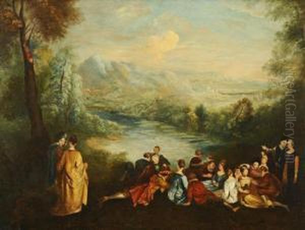 Figures In An Italian Landscape Oil Painting by Watteau, Jean Antoine