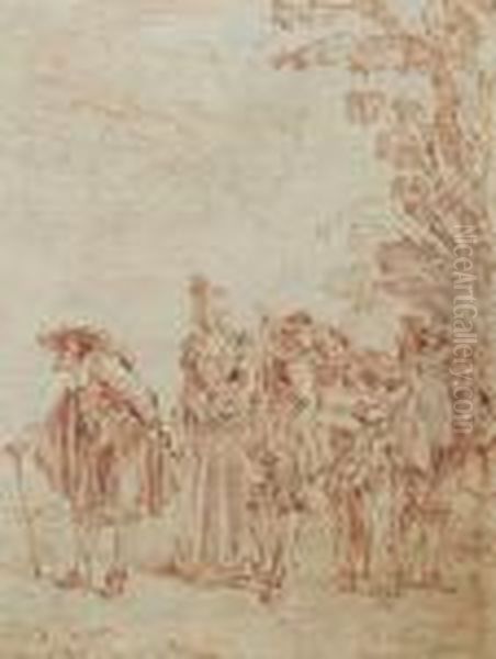 Cinq Personnages De Comedie Se Dirigeant Vers La Gauche Oil Painting by Watteau, Jean Antoine