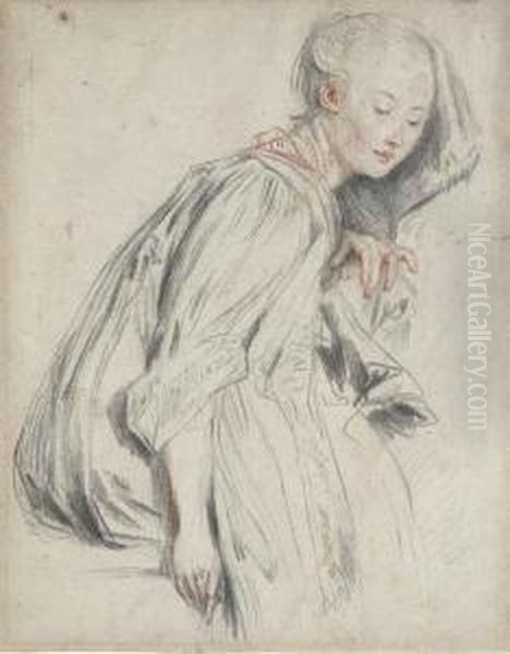 A Seated Young Woman, In A Loose Robe, Her Eyes Downcast Oil Painting by Watteau, Jean Antoine