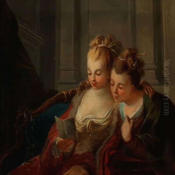 Mother And Daughter Studying A Ball Card Oil Painting by Watteau, Jean Antoine