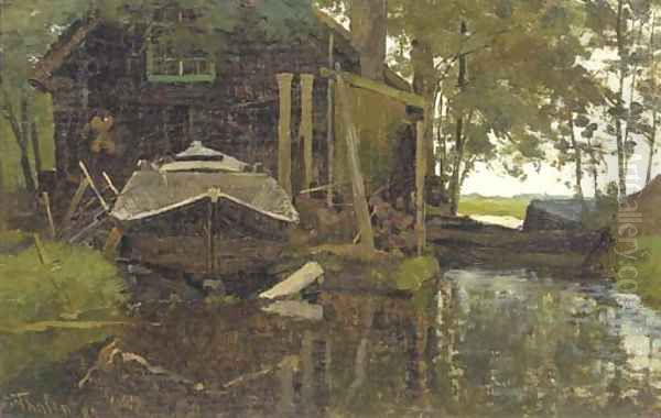 Werfje van Schreurs, Giethoorn a wharf in Giethoorn Oil Painting by Willem Bastiaan Tholen