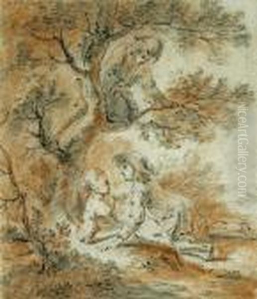 A Pastoral Scene With Young Lovers Under Atree With A Figure Looking On Oil Painting by Watteau, Jean Antoine