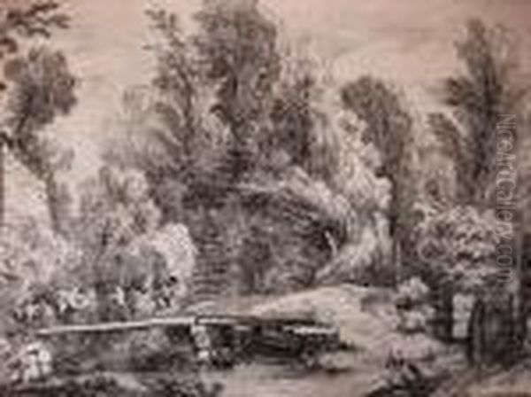 Landscape With Cows On A Bridge Oil Painting by Watteau, Jean Antoine