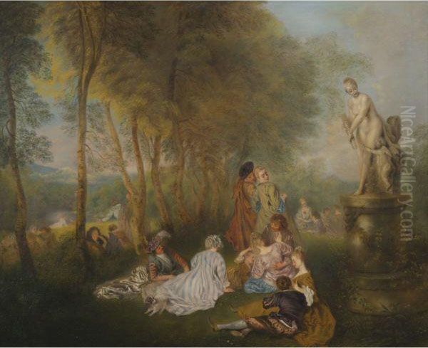 Fete Galante With A Statue Of Venus Oil Painting by Watteau, Jean Antoine