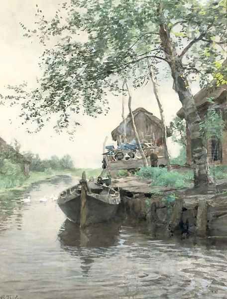 Woning aan 't water activities by the water, Giethoorn Oil Painting by Willem Bastiaan Tholen